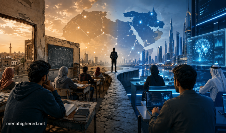 AI and higher education in the Middle East and North Africa, split between traditional classroom and futuristic technology